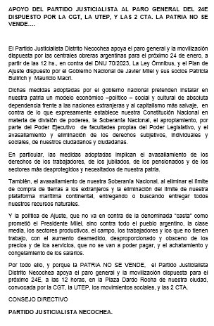 APOYO DEL PARTIDO JUSTICIALISTA AL PARO GENERAL DEL 24E DISPUESTO POR LA CGT, LA UTEP, Y LAS 2 CTA. LA PATRIA NO SE VENDE….