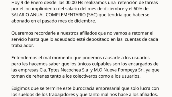 Paro de colectivo. Comunicado 