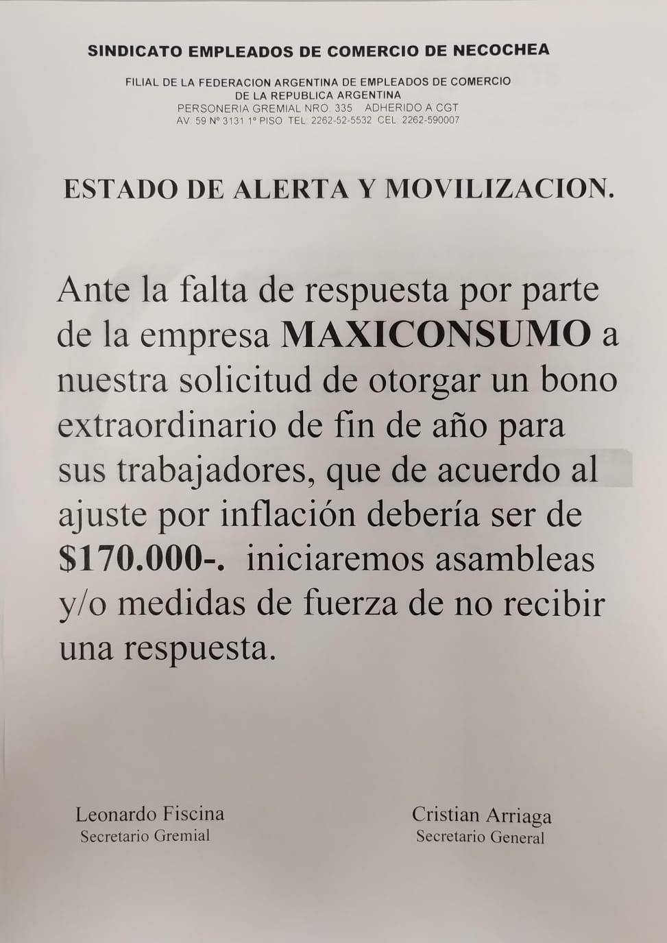 El sindicado de empleado de comercio en alerta y movilización